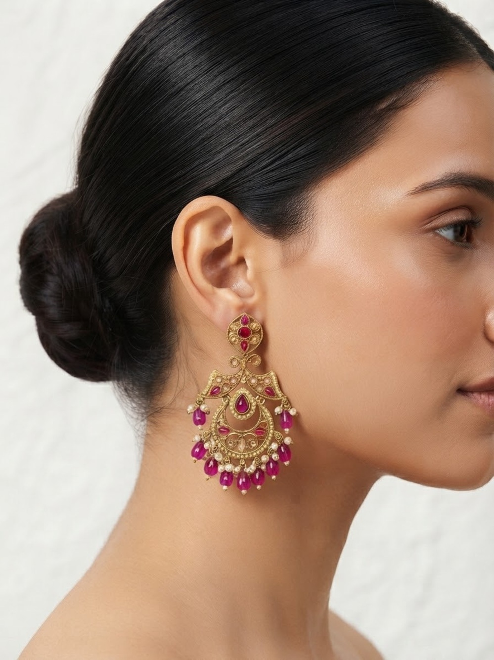 Gold-tone Pink Teardrop Chandbali Earrings - Women Jewelry